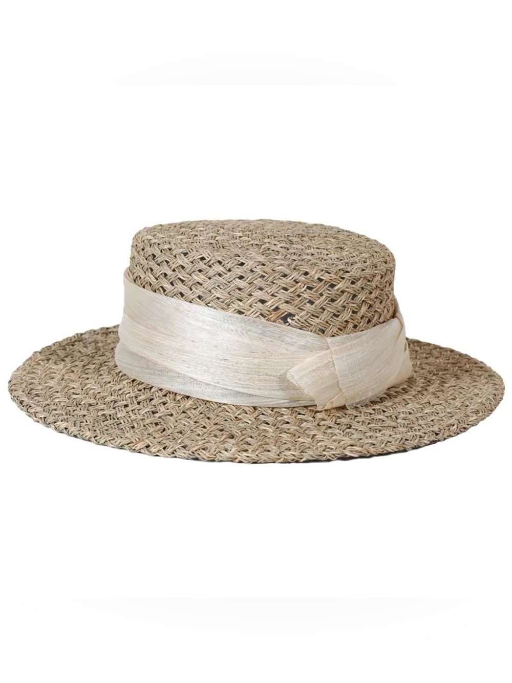 NWT Woven Straw Boater Hat with Cream Ribbon
